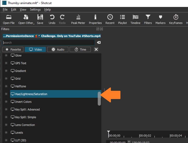 Shotcut filters list hue/lightness/saturation screenshot