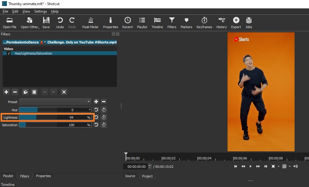 Shotcut filters lightness before screenshot