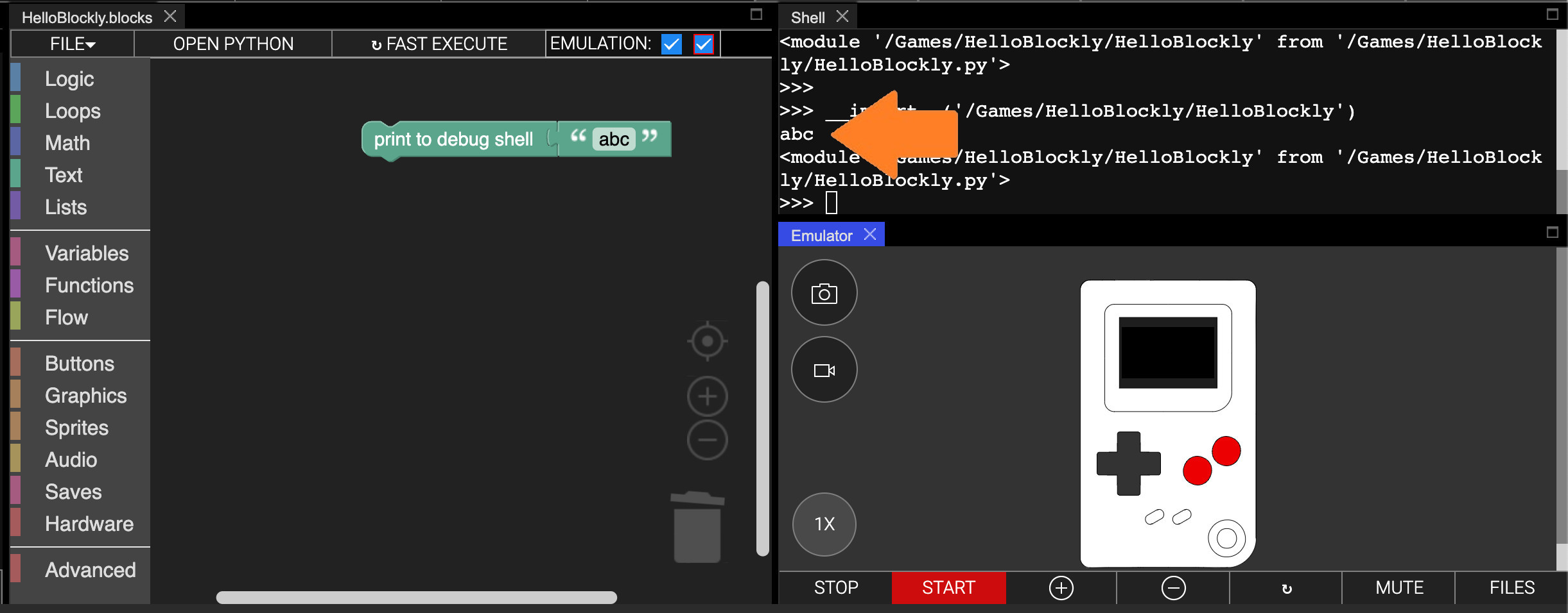 Thumby blockly abc debug screenshot