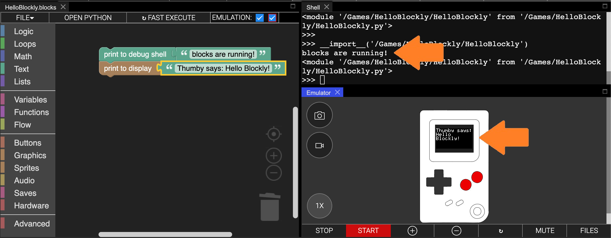 Thumby blockly both prints running screenshot