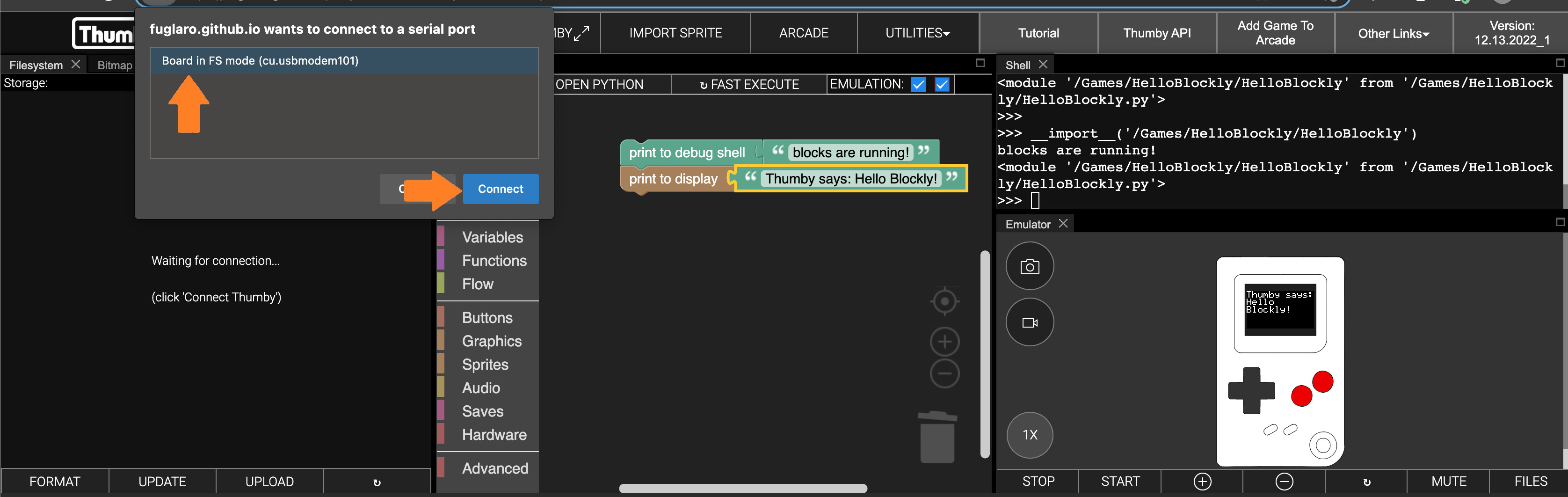 Selecting thumby device using the web browser Code Editor