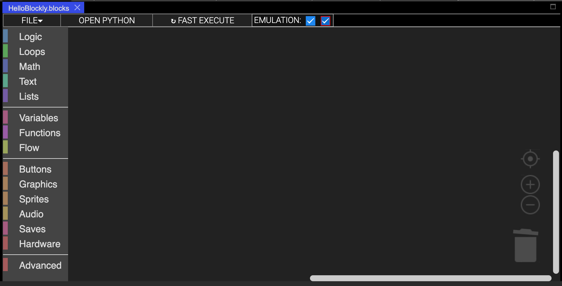 Thumby blockly empty workspace screenshot