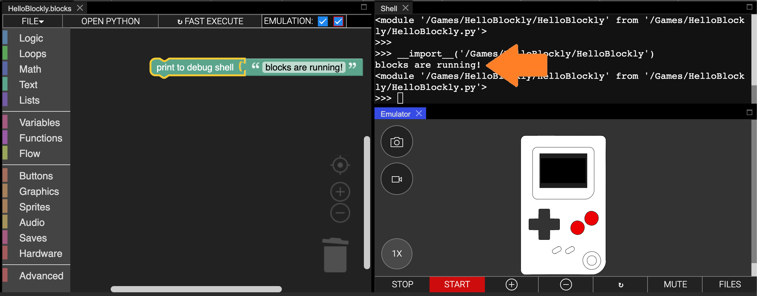 Thumby blockly new text debug screenshot