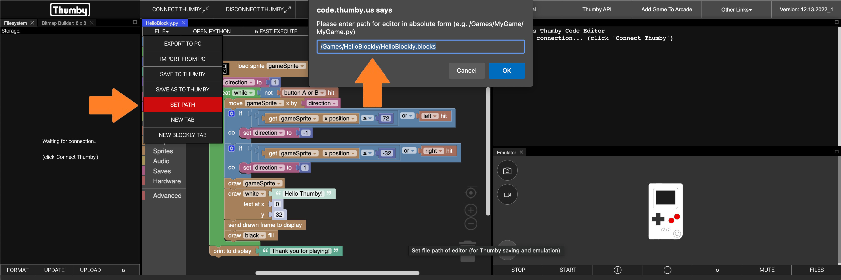 Thumby Blockly Set Path Dark Screenshot