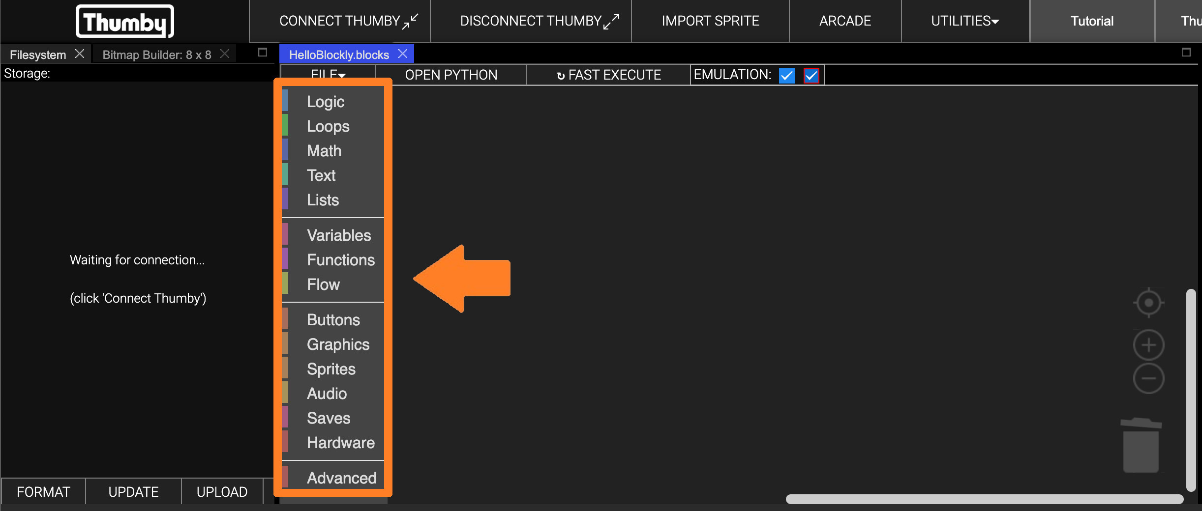 Thumby blockly toolbox screenshot