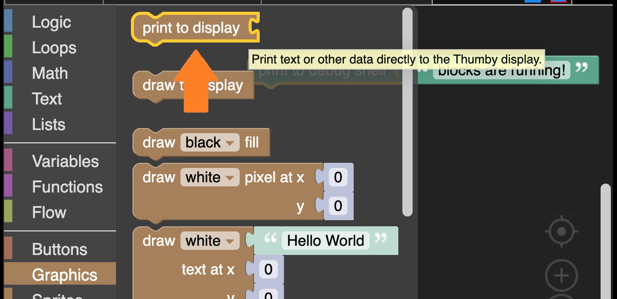 Thumby blockly toolbox print to display screenshot