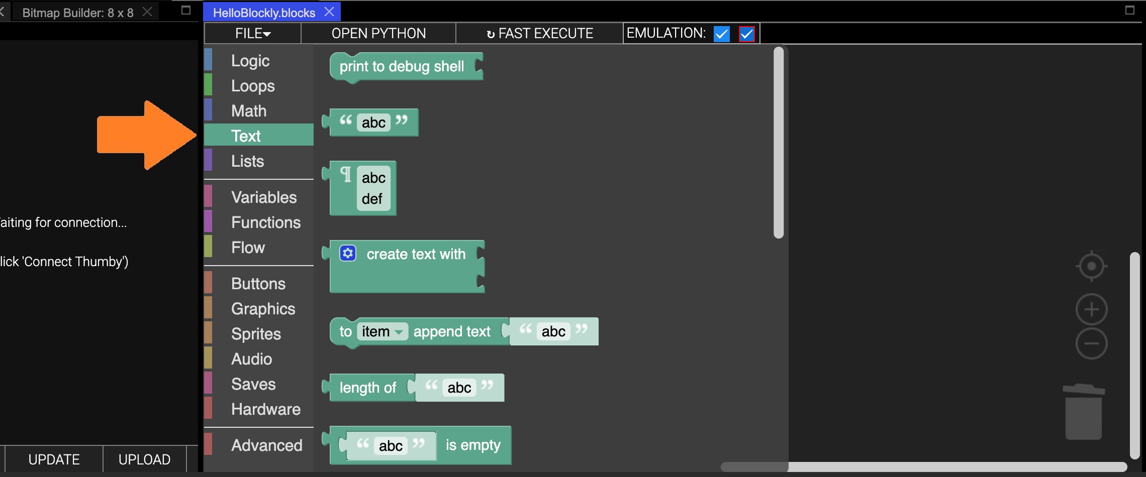 Thumby blockly toolbox text category screenshot
