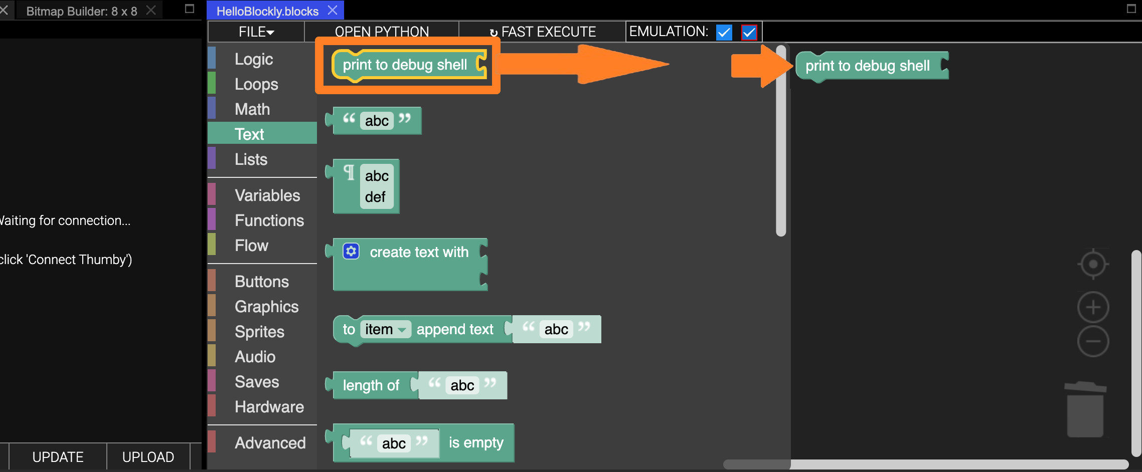 Thumby blockly toolbox use block screenshot