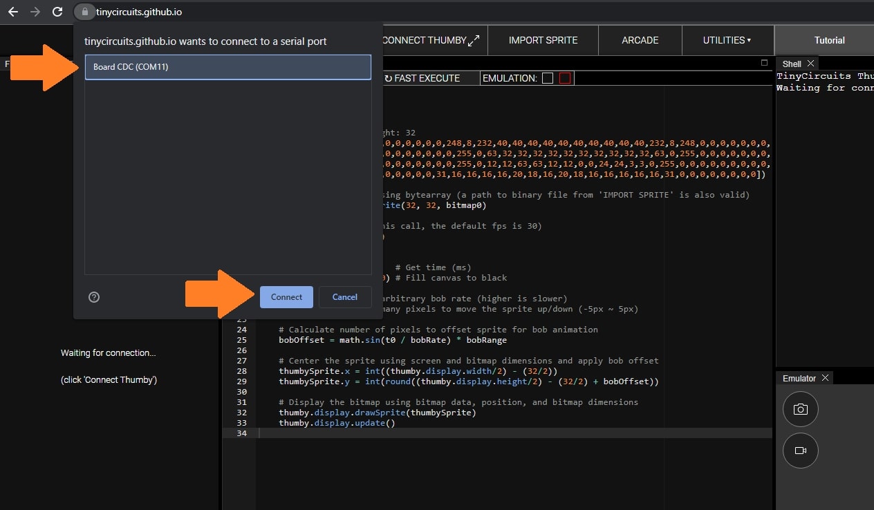 Steps 3 and 4 of connecting thumby using the web browser Code Editor