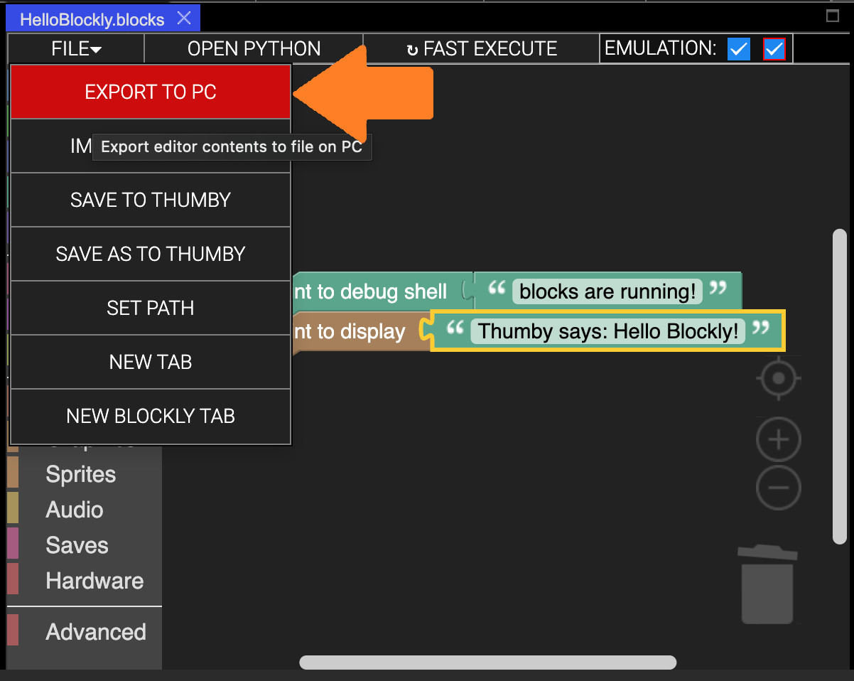 Thumby export to pc dark mode screenshot