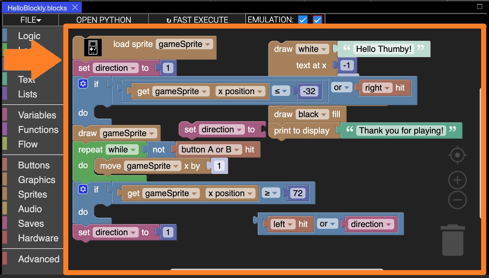 Thumby blockly workspace dark screenshot