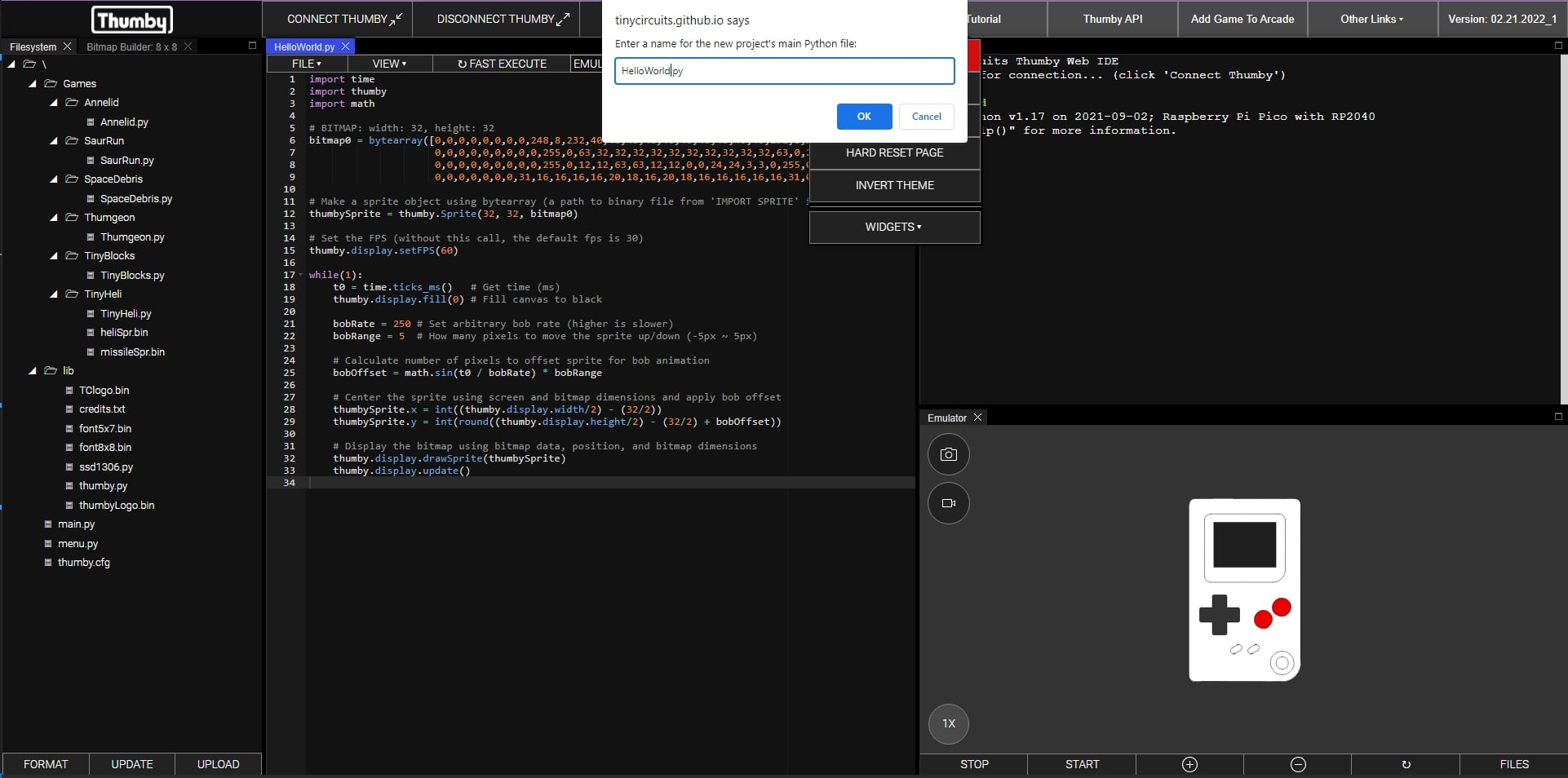 Thumby Code Editor create a new game